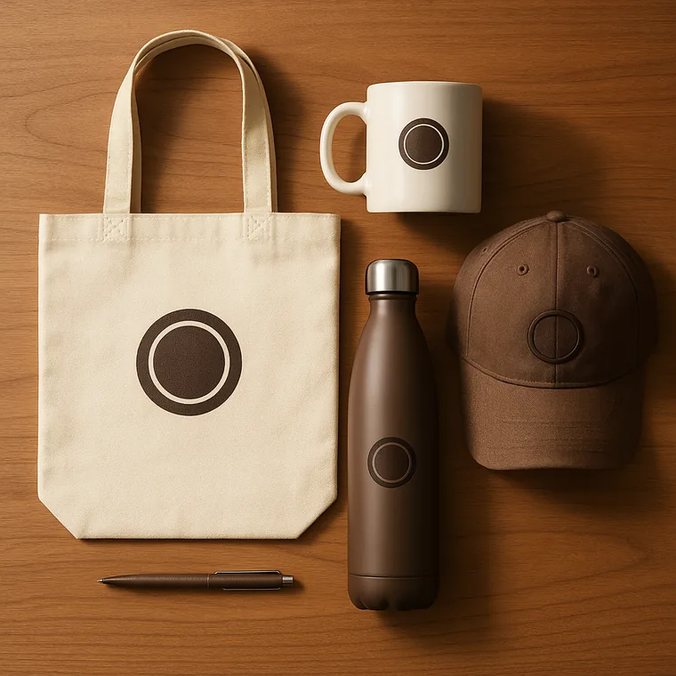 Custom branded promotional products including tote, mug, bottle and cap
