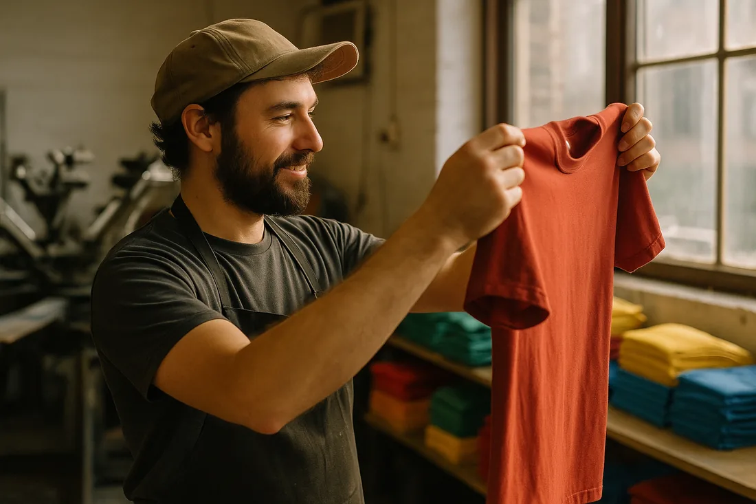 L1 Print team member inspecting a freshly printed custom t-shirt in the Long Island shop